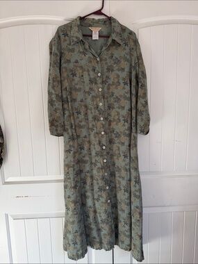 Vintage Norm Thompson Sage Green Floral Button-Front Maxi Dress